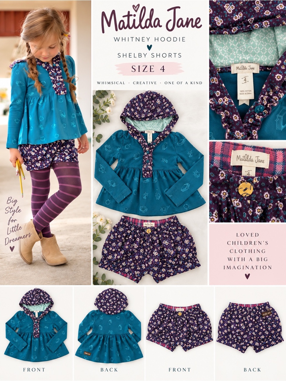 Matilda Jane Whitney Hoodie Shelby Floral Shorts 2 Piece Outfit Girls Size 4